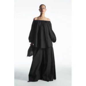 NWOT COS Black Cotton Gathered Wide-Leg Trousers Size 4